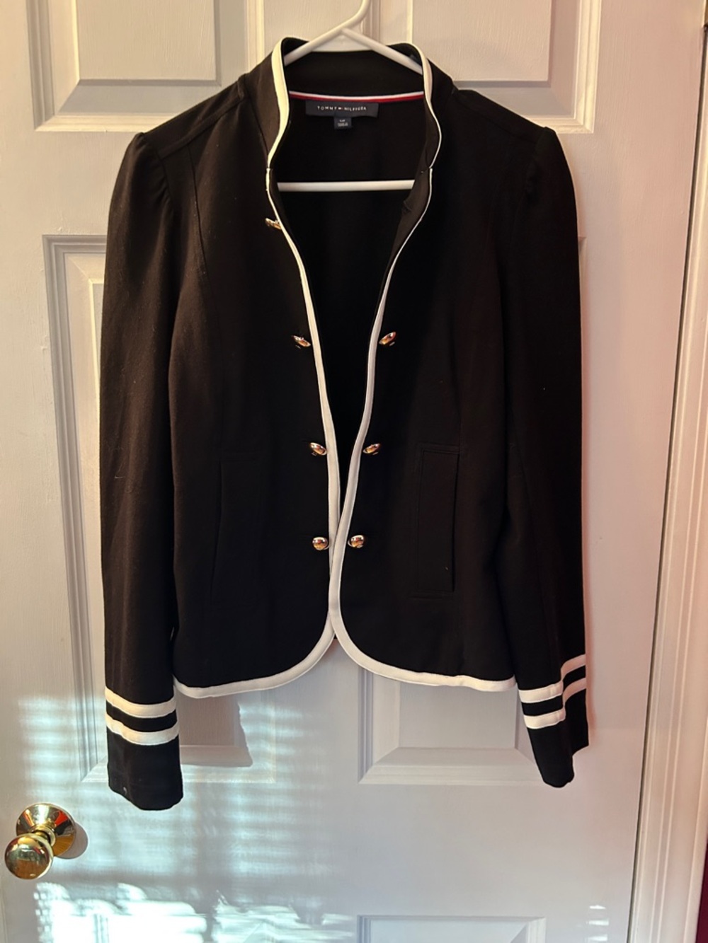 Tommy Hilfiger Military Band Blazer Black White Gold Buttons Size SP